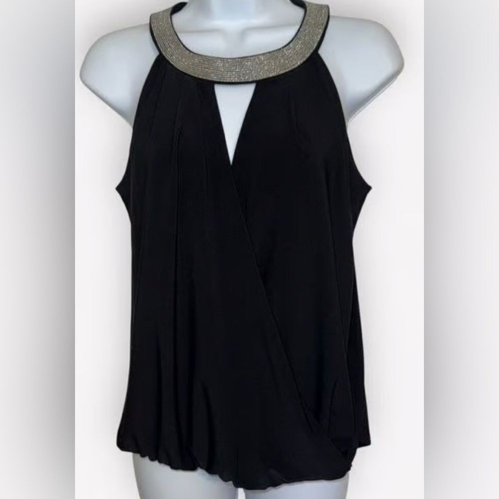 White House Black Market Faux Wrap Black Top With Silver Neckline Size Small